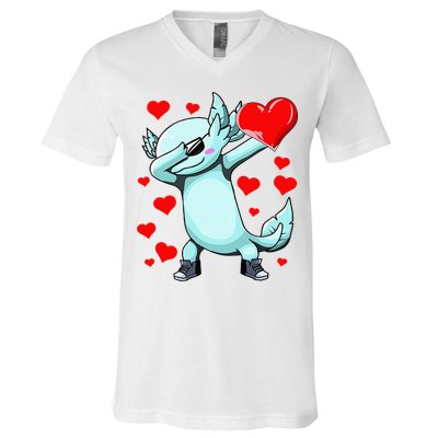 Dabbing Axolotl Heart funny Valentines Day V-Neck T-Shirt