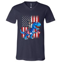 Dino Abraham Lincoln 4th Of July Shirt Boys American Flag V-Neck T-Shirt