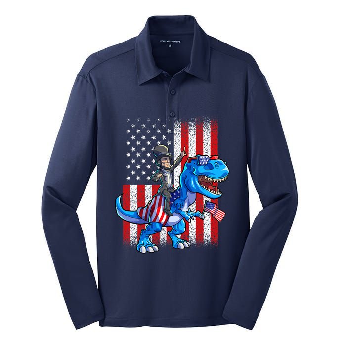 Dino Abraham Lincoln 4th Of July Shirt Boys American Flag Silk Touch Performance Long Sleeve Polo