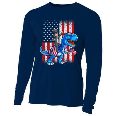 Dino Abraham Lincoln 4th Of July Shirt Boys American Flag Cooling Performance Long Sleeve Crew