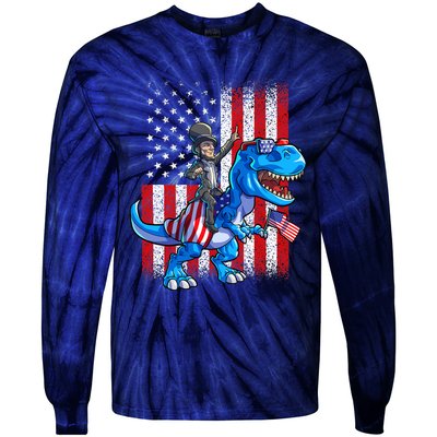 Dino Abraham Lincoln 4th Of July Shirt Boys American Flag Tie-Dye Long Sleeve Shirt