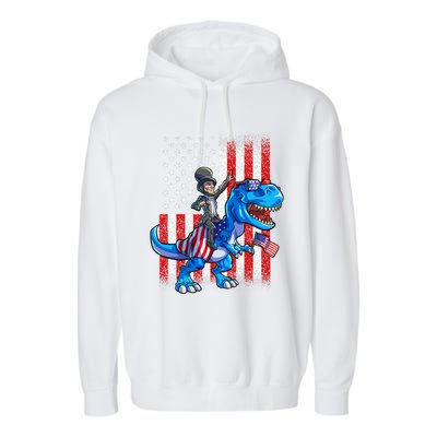 Dino Abraham Lincoln 4th Of July Shirt Boys American Flag Garment-Dyed Fleece Hoodie