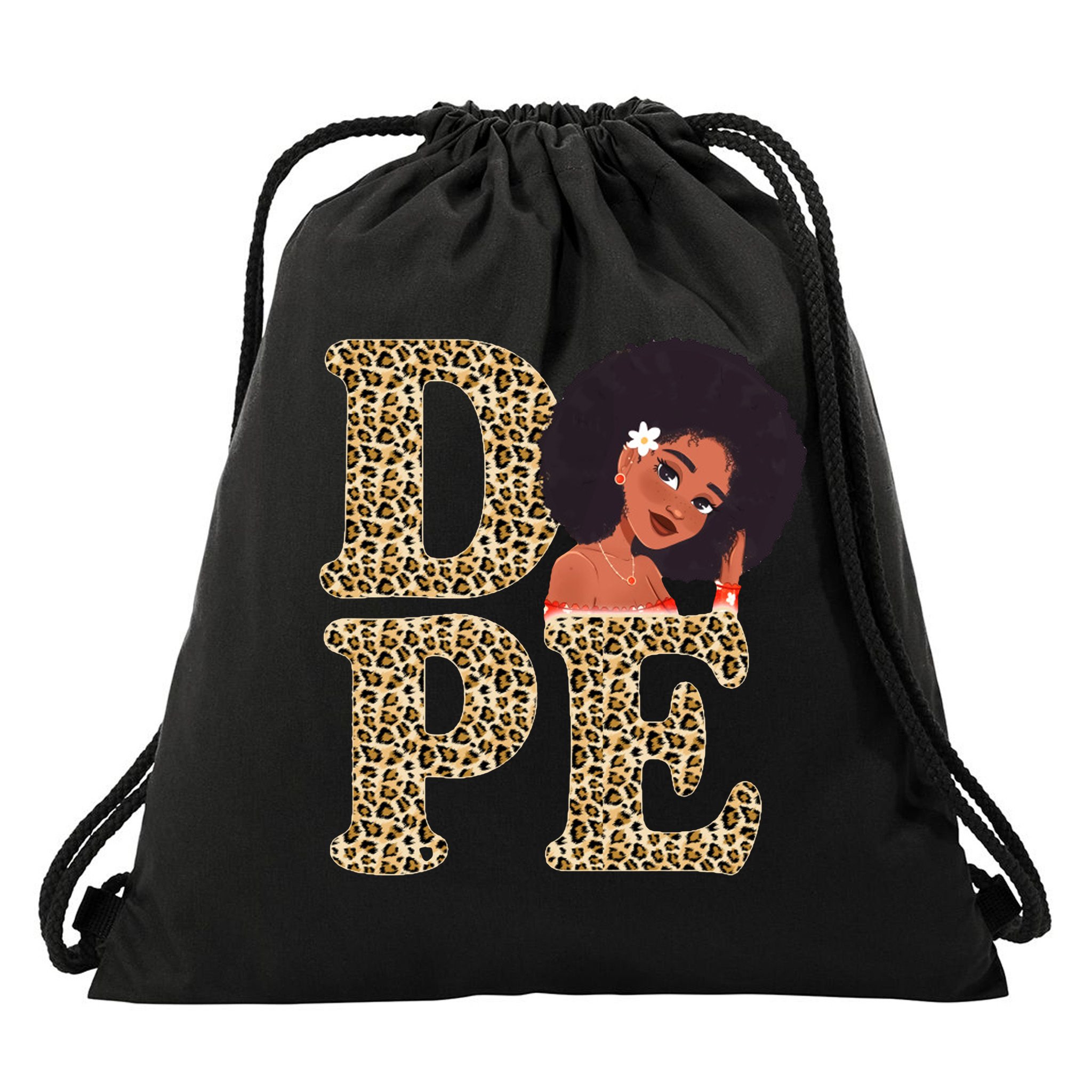 Dope Afro Lady Cute Leopard Drawstring Bag