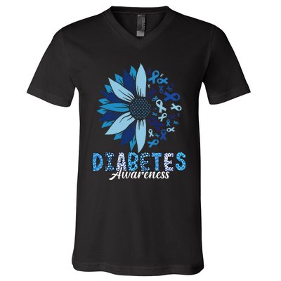 Diabetes Awareness Leopard Sunflower Diabetes Awareness V-Neck T-Shirt