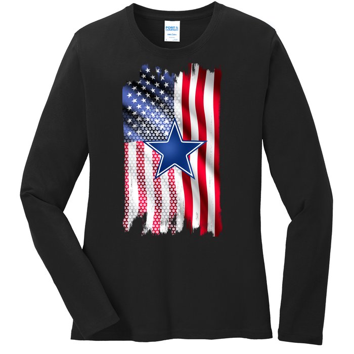 Dallas Football Fan USA American Flag Ladies Long Sleeve Shirt