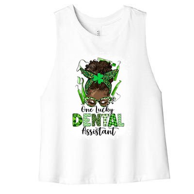 Dental Assistant Messy Bun Teeth Dentist St Patricks Day Funny Gift Women's Racerback Cropped Tank