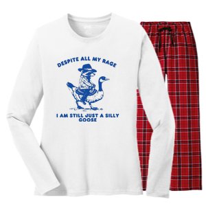 Despite All My Rage I Am Still A Silly Goose Meme Cowboy Raccoon Women's Long Sleeve Flannel Pajama Set 