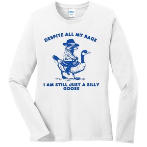 Despite All My Rage I Am Still A Silly Goose Meme Cowboy Raccoon Ladies Long Sleeve Shirt