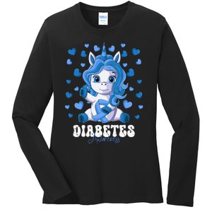 Diabetes Awareness Month Blue Ribbon Unicorn Ladies Long Sleeve Shirt