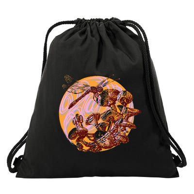 Dragonfly And Mushrooms Cottage Core Drawstring Bag