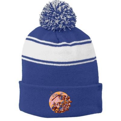 Dragonfly And Mushrooms Cottage Core Stripe Pom Pom Beanie