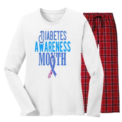 Diabetes Awareness Month Blue Love Ribbon Support T1D T2D Women's Long Sleeve Flannel Pajama Set 