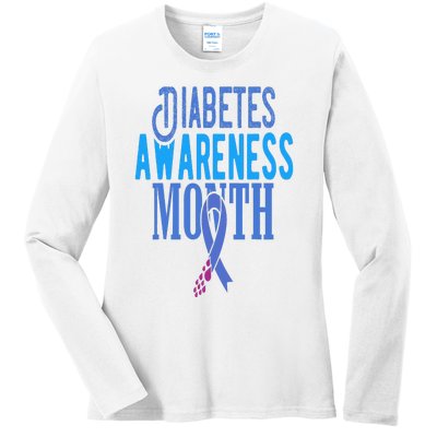 Diabetes Awareness Month Blue Love Ribbon Support T1D T2D Ladies Long Sleeve Shirt