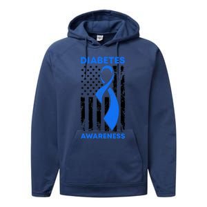 Diabetes Awareness Month American US Flag T1D Blue Ribbon Performance Fleece Hoodie