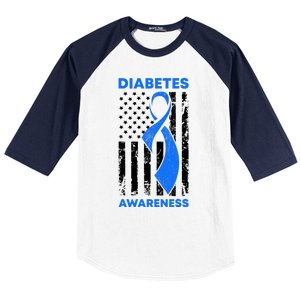 Diabetes Awareness Month American US Flag T1D Blue Ribbon Baseball Sleeve Shirt