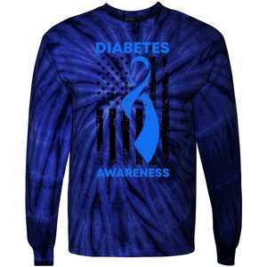 Diabetes Awareness Month American US Flag T1D Blue Ribbon Tie-Dye Long Sleeve Shirt