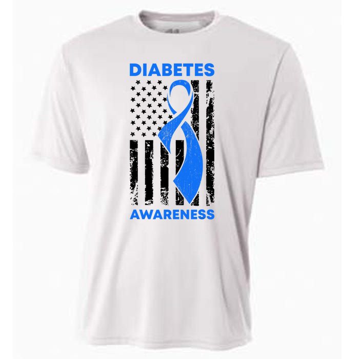 Diabetes Awareness Month American US Flag T1D Blue Ribbon Cooling Performance Crew T-Shirt