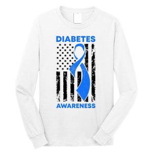 Diabetes Awareness Month American US Flag T1D Blue Ribbon Long Sleeve Shirt