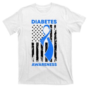 Diabetes Awareness Month American US Flag T1D Blue Ribbon T-Shirt