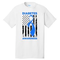 Diabetes Awareness Month American US Flag T1D Blue Ribbon Tall T-Shirt