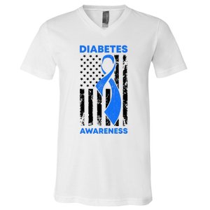 Diabetes Awareness Month American US Flag T1D Blue Ribbon V-Neck T-Shirt