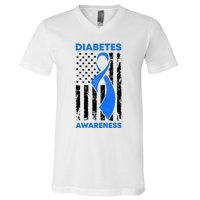 Diabetes Awareness Month American US Flag T1D Blue Ribbon V-Neck T-Shirt