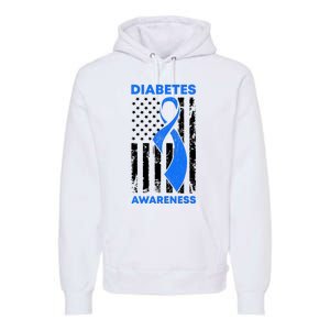 Diabetes Awareness Month American US Flag T1D Blue Ribbon Premium Hoodie