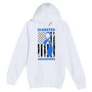 Diabetes Awareness Month American US Flag T1D Blue Ribbon Premium Pullover Hoodie