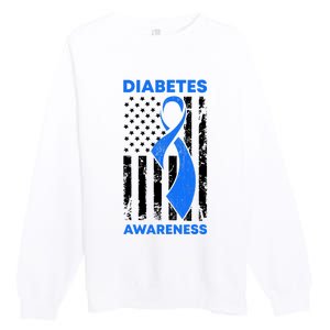 Diabetes Awareness Month American US Flag T1D Blue Ribbon Premium Crewneck Sweatshirt