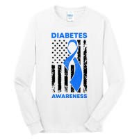 Diabetes Awareness Month American US Flag T1D Blue Ribbon Tall Long Sleeve T-Shirt