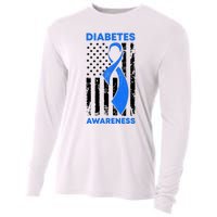 Diabetes Awareness Month American US Flag T1D Blue Ribbon Cooling Performance Long Sleeve Crew