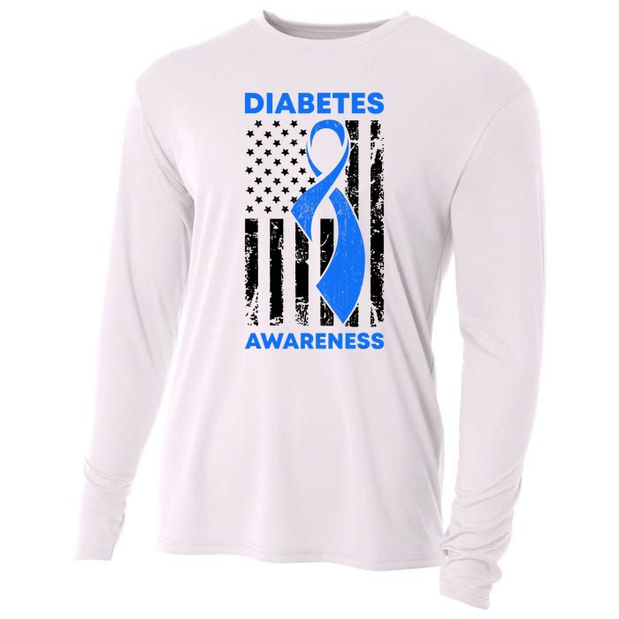 Diabetes Awareness Month American US Flag T1D Blue Ribbon Cooling Performance Long Sleeve Crew