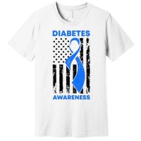 Diabetes Awareness Month American US Flag T1D Blue Ribbon Premium T-Shirt