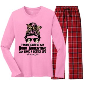 Dogo Argentino Mom Life Messy Bun Hair I Work Hard Funny Gift Women's Long Sleeve Flannel Pajama Set 