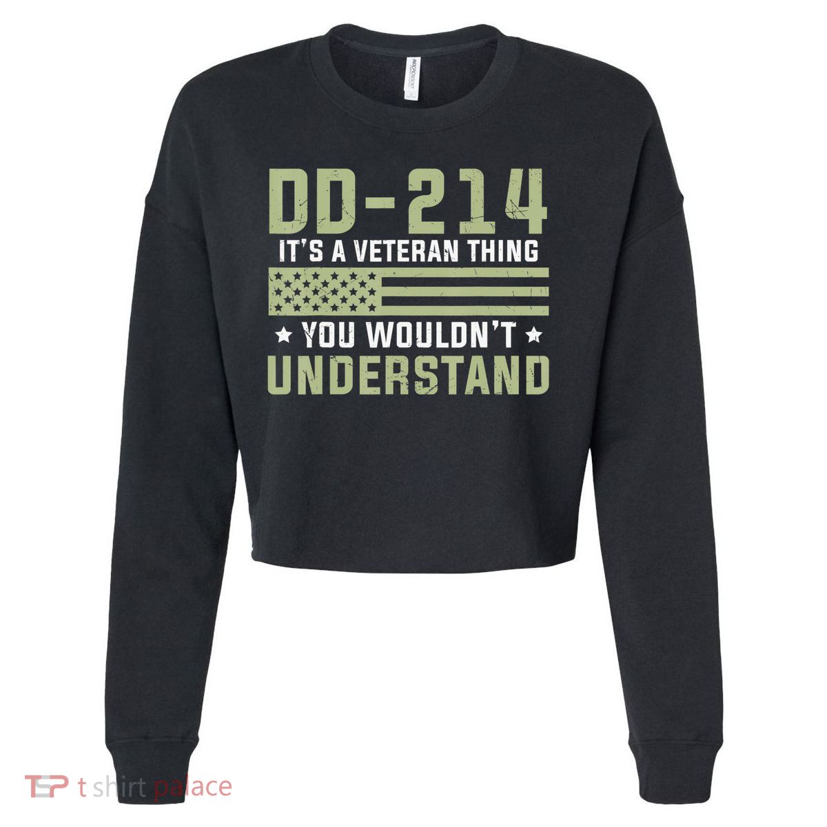DD-214 Alumni Military Veteran Vintage American Fla Cropped Pullover Crew