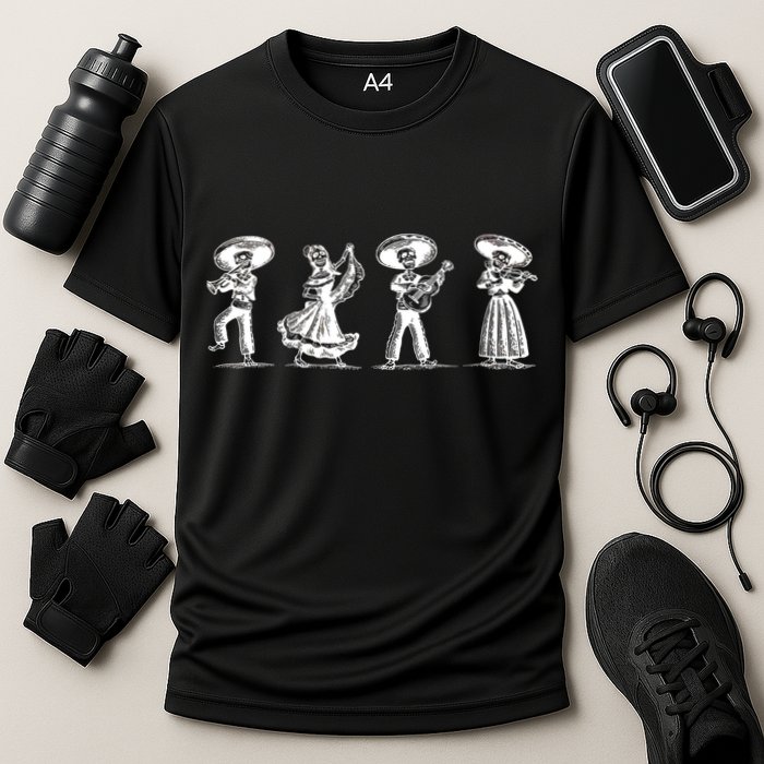 Dancing Mexican Skeletons Playing Music Cooling Performance Crew T-Shirt