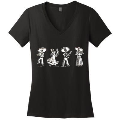 Dancing Mexican Skeletons Playing Music Women's V-Neck T-Shirt