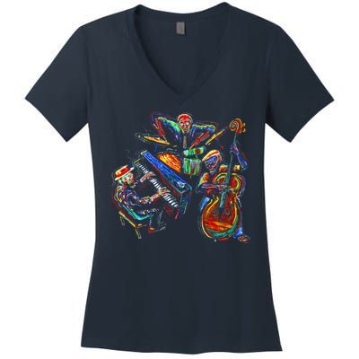 Dancing Skeleton Music Band Women's V-Neck T-Shirt