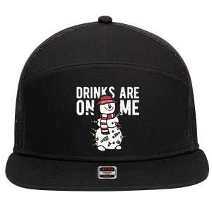 Drinks Are On Me Snowman Funny Christmas 7 Panel Mesh Trucker Snapback Hat