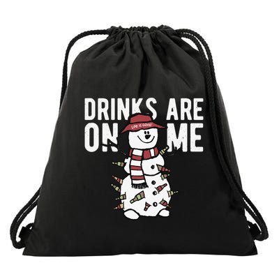 Drinks Are On Me Snowman Funny Christmas Drawstring Bag