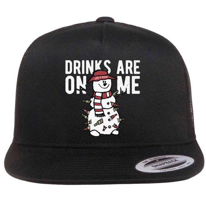 Drinks Are On Me Snowman Funny Christmas Flat Bill Trucker Hat