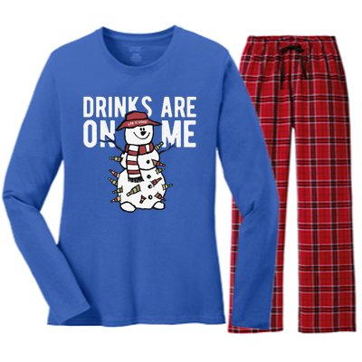 Drinks Are On Me Snowman Funny Christmas Women's Long Sleeve Flannel Pajama Set 