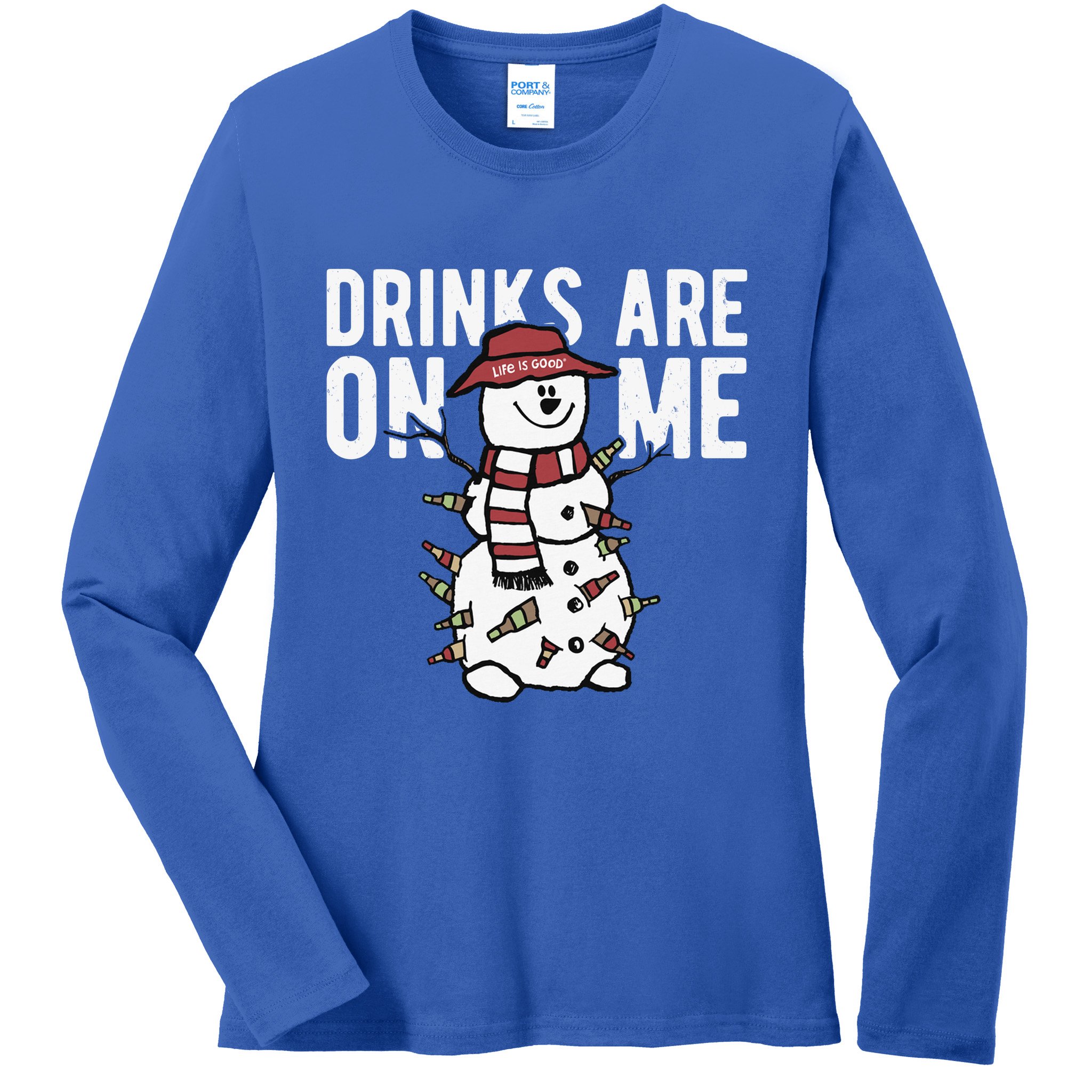 Drinks Are On Me Snowman Funny Christmas Ladies Long Sleeve Shirt