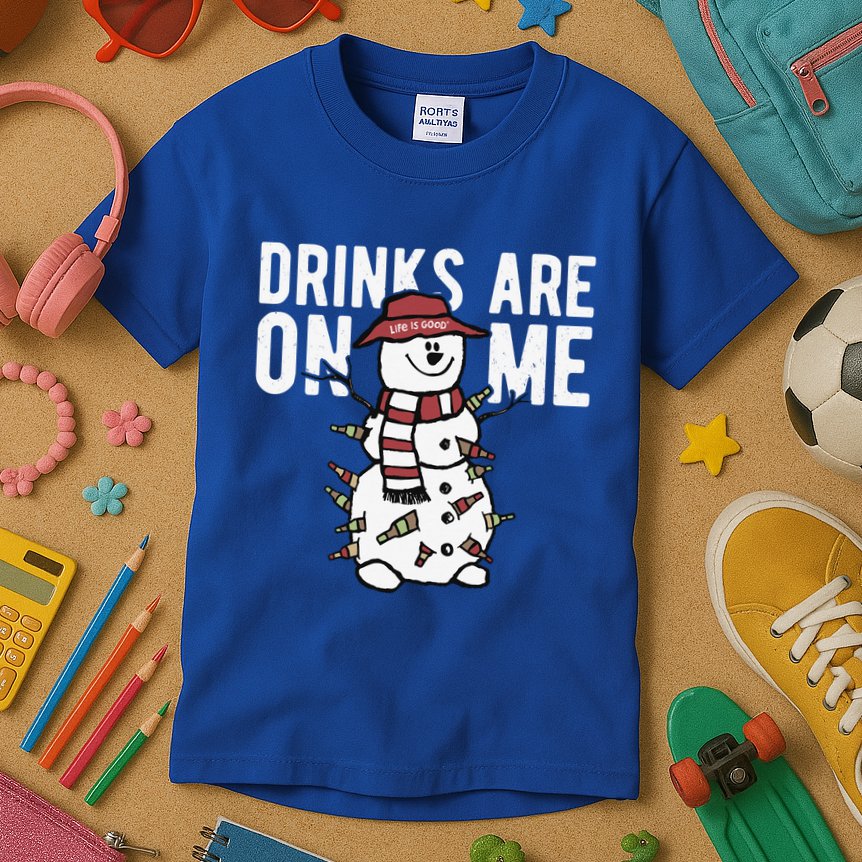 Drinks Are On Me Snowman Funny Christmas Kids T-Shirt
