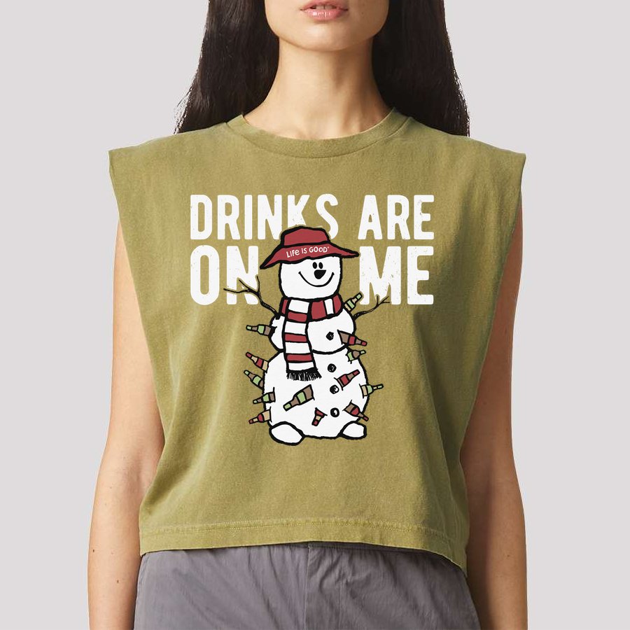 Drinks Are On Me Snowman Funny Christmas Garment-Dyed Women's Muscle Tee