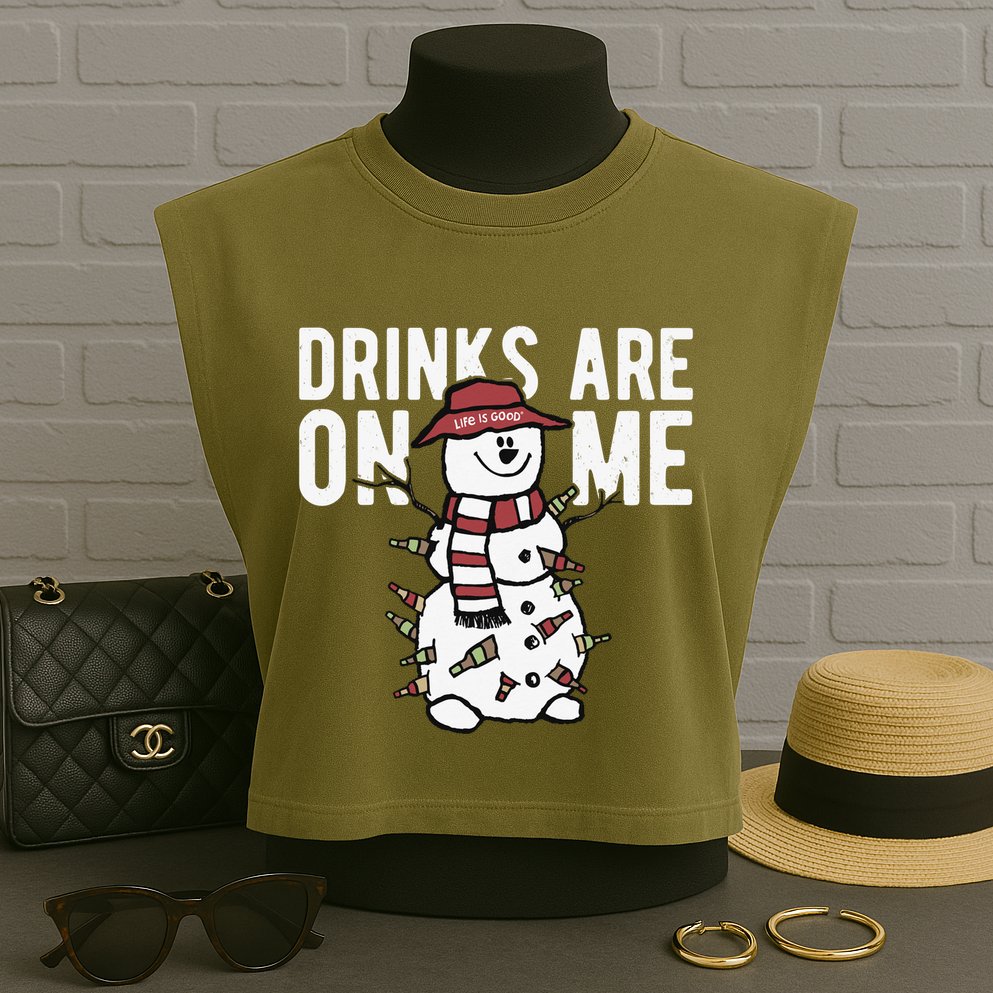 Drinks Are On Me Snowman Funny Christmas Garment-Dyed Women's Muscle Tee