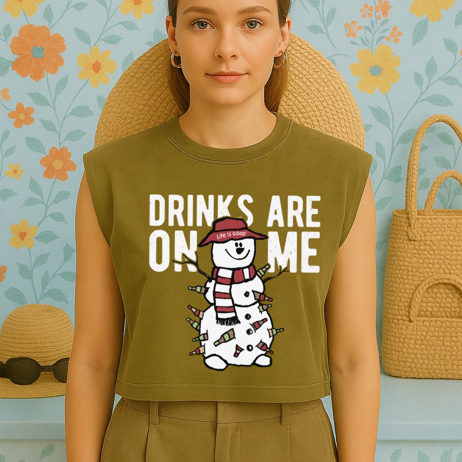 Drinks Are On Me Snowman Funny Christmas Garment-Dyed Women's Muscle Tee