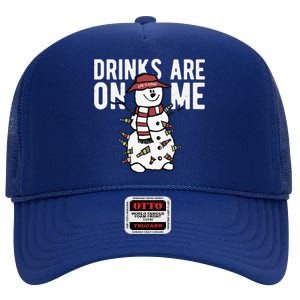 Drinks Are On Me Snowman Funny Christmas High Crown Mesh Back Trucker Hat