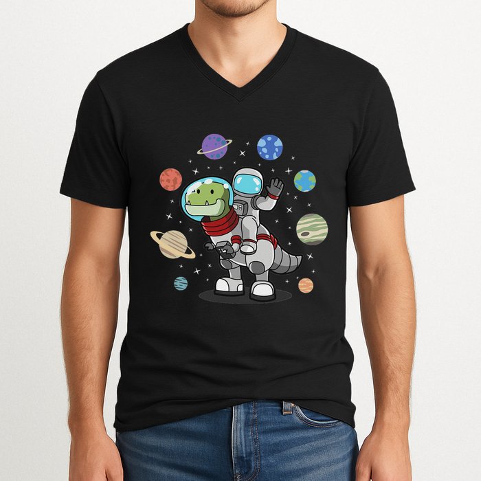 Dinosaur Astronaut & Planets Space & Dino Space V-Neck T-Shirt