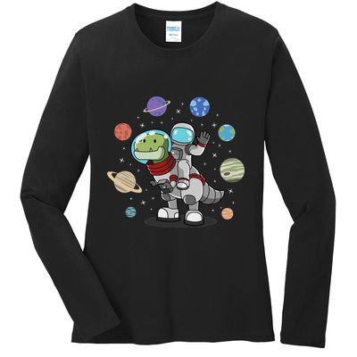 Dinosaur Astronaut & Planets Space & Dino Space Ladies Long Sleeve Shirt